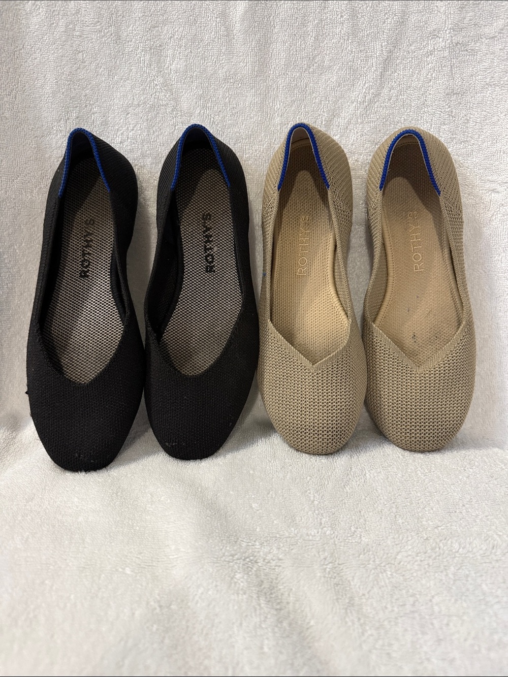 Rothy's Women's Knit Flats in Black and Beige with Blue Trim